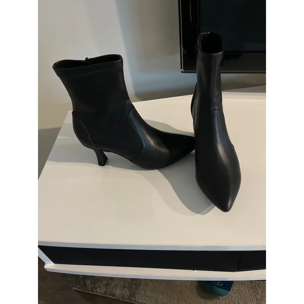 Black Pointed Toe Kitten Heel Ankle Boots Faux Leather Sock Booties Zip Up